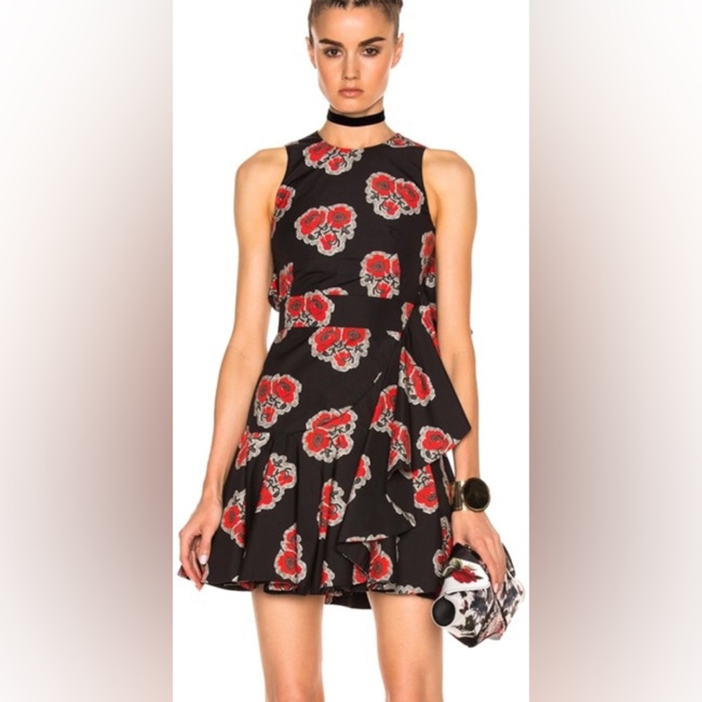 ALEXANDER MCQUEEN Black & Red Floral Print Ruffle Cocktail Dress